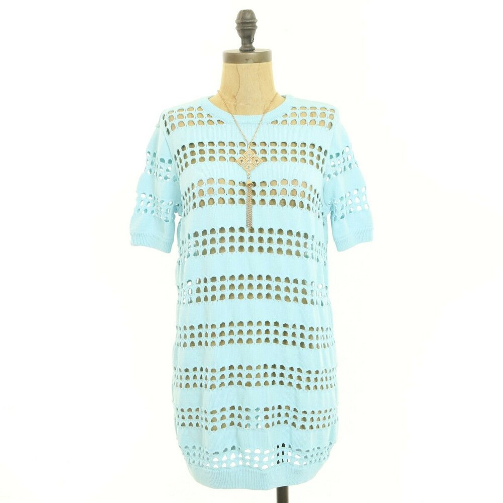 Topshop Tunic Dress Size 0 Open Knit Crew Neck Short Sleeve Light Blue EUC B8